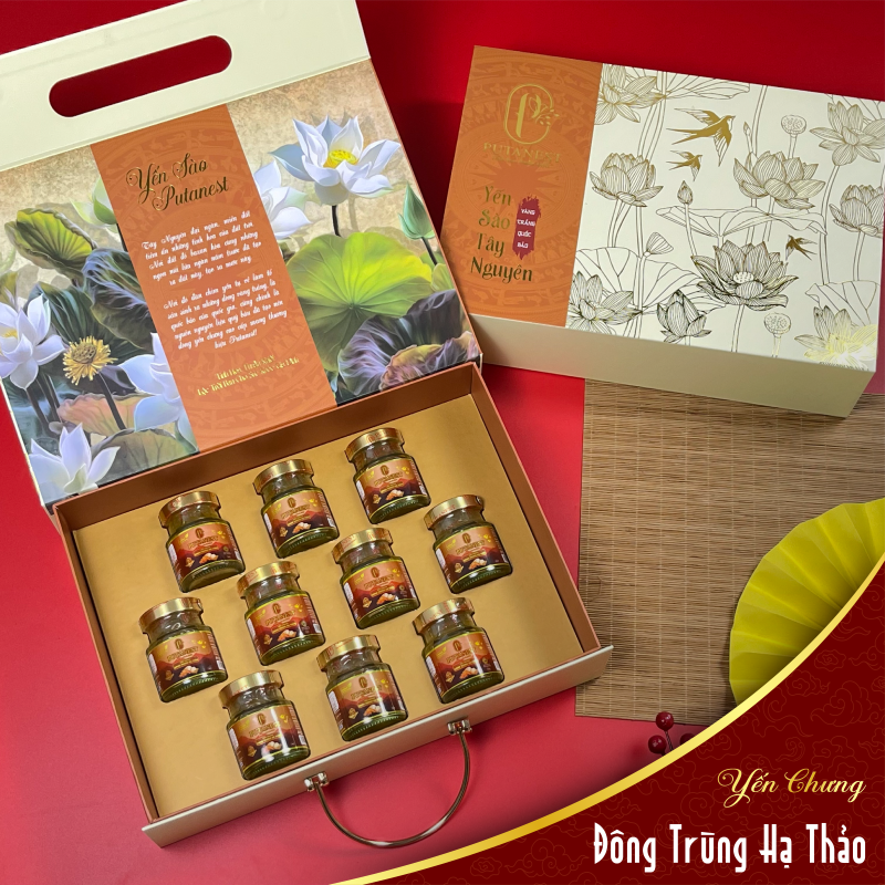 Hộp Sen Vàng 10 Hũ Yến Chưng Thượng Hạng Đông Trùng Hạ Thảo