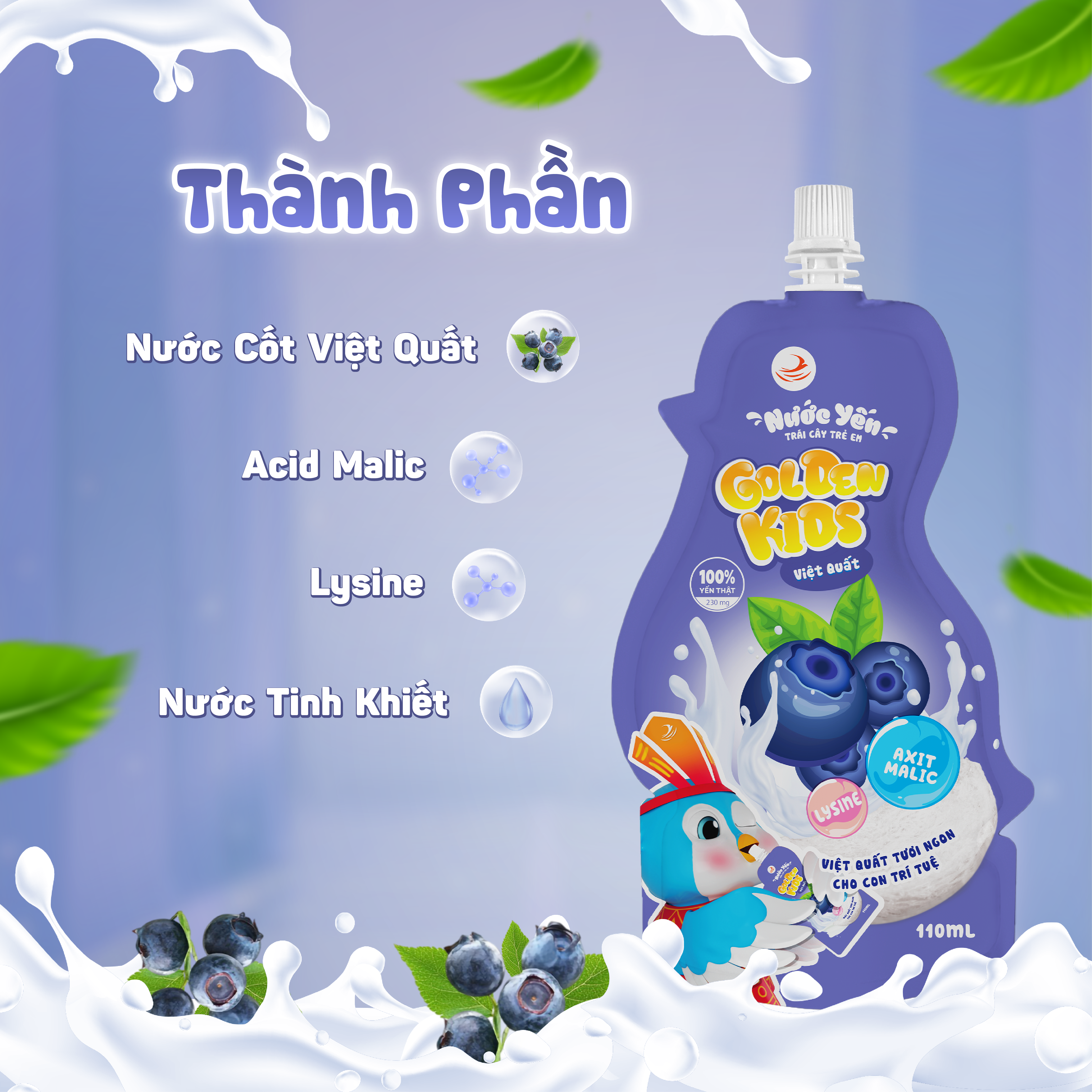 Nước yến trái cây trẻ em vị Việt Quất 110ml Golden Kids