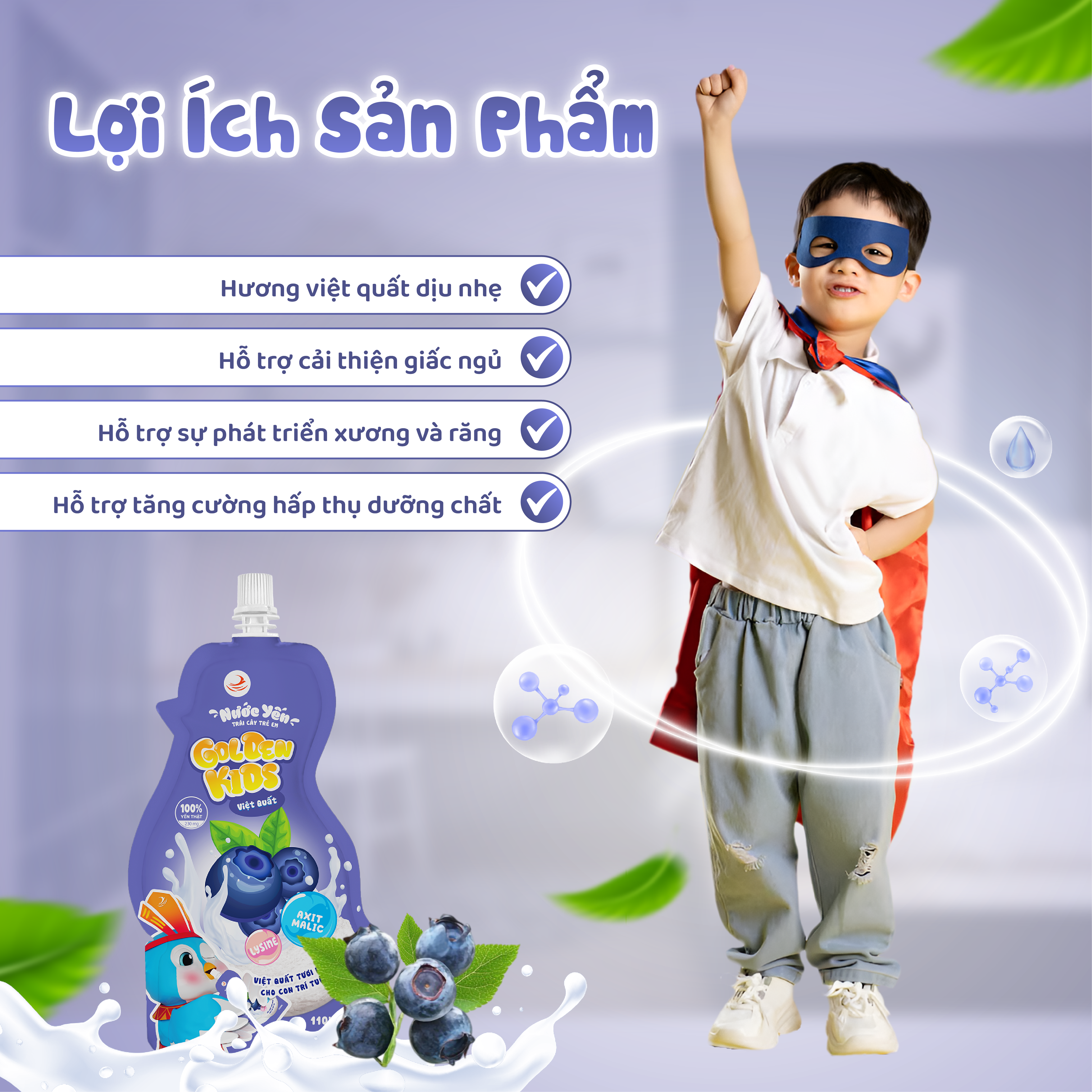 Nước yến trái cây trẻ em vị Việt Quất 110ml Golden Kids